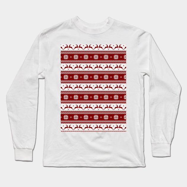 Dark Christmas Candy Apple Red Nordic Reindeer Stripe Long Sleeve T-Shirt by podartist